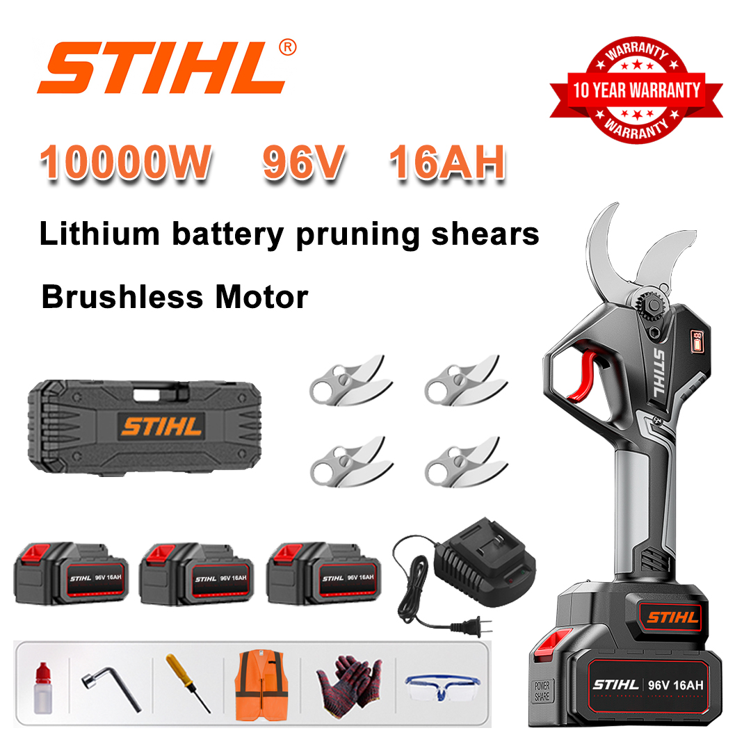 Tijeras de podar batería de litio sin escobillas 10000W + baterías 96V 16Ah * 3 + cuchillas de aleación SK9 * 4 + cargador + pantalla de alimentación LED + caja de herramientas + lubricante + gafas + garantía de 10 años